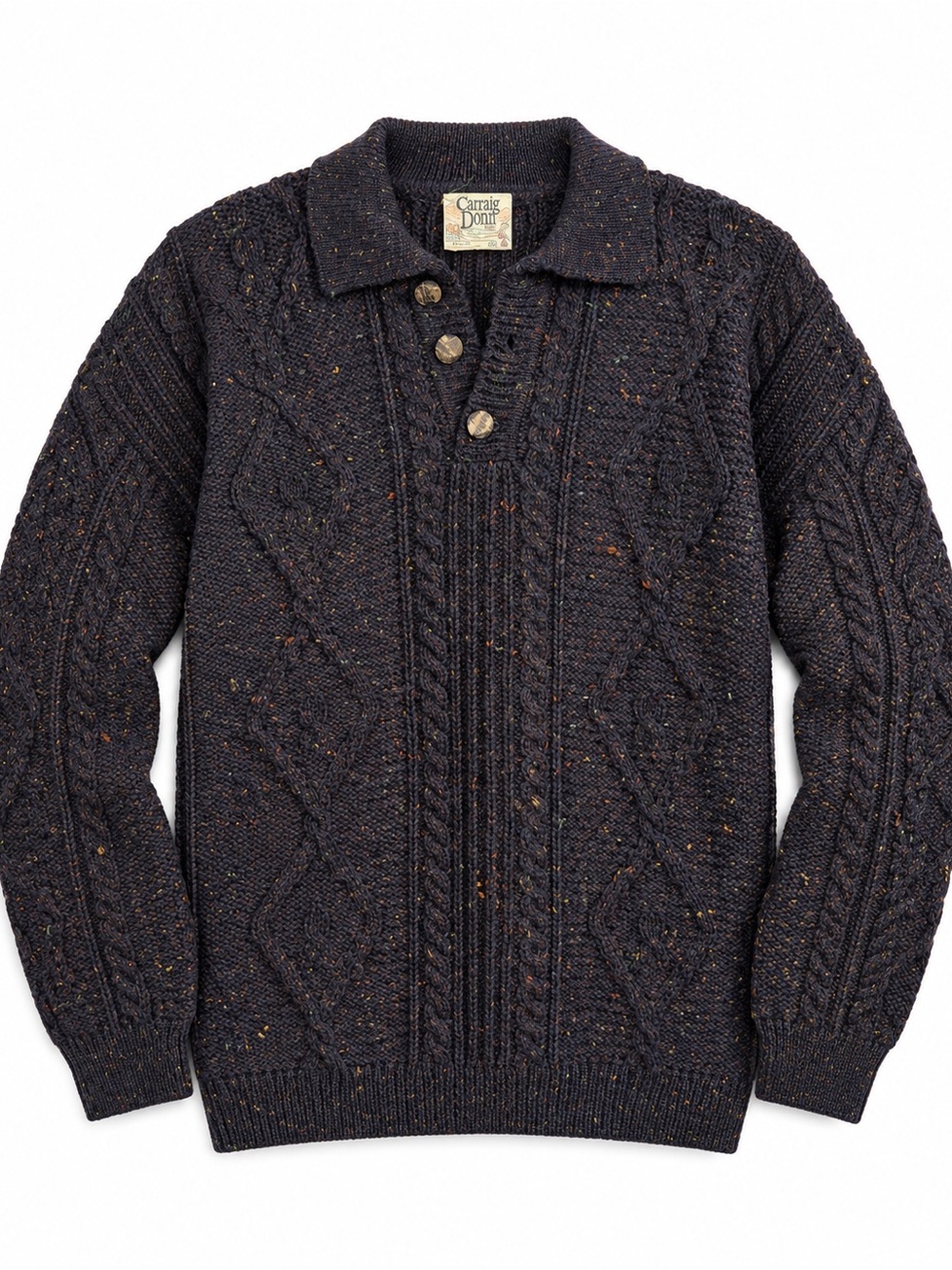 Carraig Donn Aran Sweater Mens Navy Blue Wool Cable Knit Polo Ireland